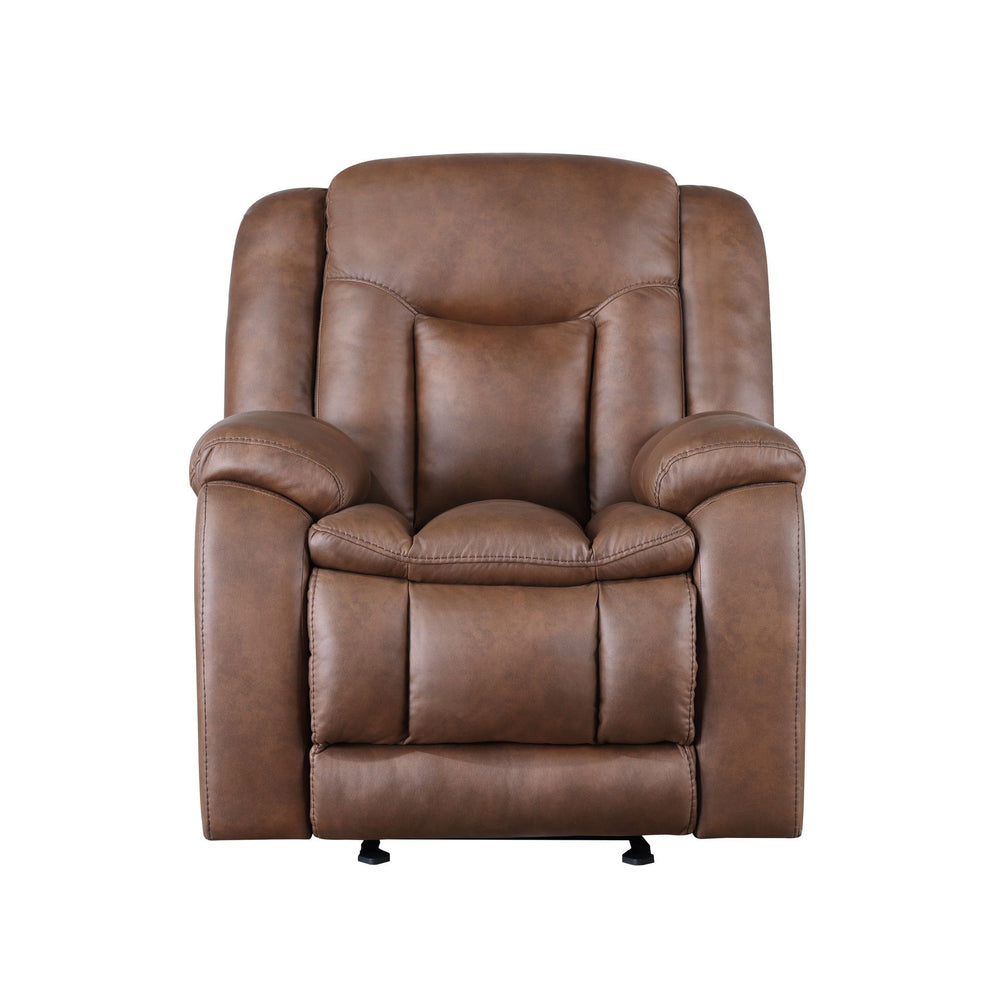 The Morello Glider Recliner in Brown is designed to bring comfort and style to your living space. Upholstered in sumptuously soft 100% polyester fabric in a saddle brown color, this recliner mimics the look of leather without the higher price tag. The Mor