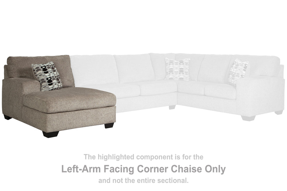 This left-arm facing corner chaise is made with polyester upholstery. Pairs with other items in the series to make a sectional.<br><br><b>Additional Dimensions</b><br><ul><li>Arm height: 25-"</li><li>Leg height: 3.5-"</li><li>Minimum width of doorway for 