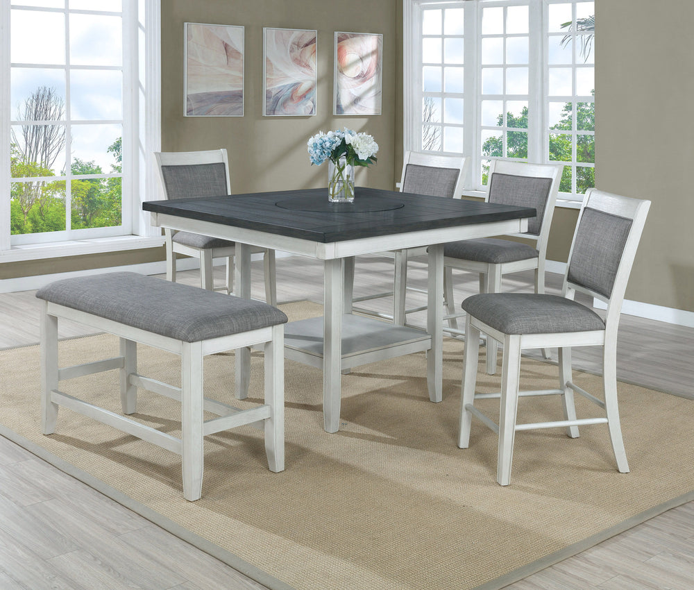 Transform your dining area with this elegant counter height dining set, designed to bring a touch of modern farmhouse charm to your home. The centerpiece table features a stunning dark wood top with built-in turntable that contrasts beautifully with the d
