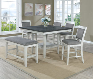 Transform your dining area with this elegant counter height dining set, designed to bring a touch of modern farmhouse charm to your home. The centerpiece table features a stunning dark wood top with built-in turntable that contrasts beautifully with the d