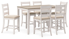 Set the scene for coastal chic or modern farmhouse living with this counter height dining set. The clean-lined, simply striking table doubles the charm with a brown plank effect top, paired with a grayish white base with a rub through effect for timeworn 