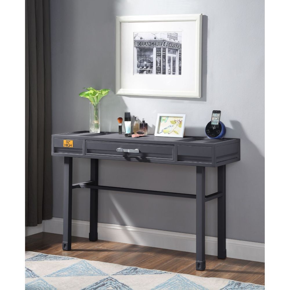 KD, Rectangular Vanity Desk Storage: 1 Drawer Feature: Metal Frame, Recessed Panels (Cargo Container Panels) CONSTRUCTION Metal Top: Iron Plate (40 x 40mm), Drawer w/Wood Metal Straight Legs Drawer: GLIDE Side Metal (Ball Bearing, 3/4 Ext.), DOVETAIL NOT 
