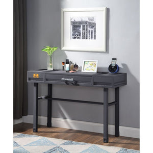 KD, Rectangular Vanity Desk Storage: 1 Drawer Feature: Metal Frame, Recessed Panels (Cargo Container Panels) CONSTRUCTION Metal Top: Iron Plate (40 x 40mm), Drawer w/Wood Metal Straight Legs Drawer: GLIDE Side Metal (Ball Bearing, 3/4 Ext.), DOVETAIL NOT 