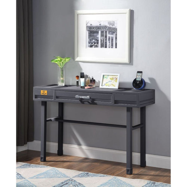 KD, Rectangular Vanity Desk Storage: 1 Drawer Feature: Metal Frame, Recessed Panels (Cargo Container Panels) CONSTRUCTION Metal Top: Iron Plate (40 x 40mm), Drawer w/Wood Metal Straight Legs Drawer: GLIDE Side Metal (Ball Bearing, 3/4 Ext.), DOVETAIL NOT 