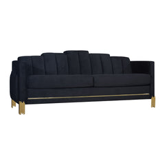Introducing the Empire Sofa, a durable and stylish addition to your living space. Crafted with an eco-friendly manufactured wood frame, this 3-seater couch ensures lasting strength and durability. Upholstered in luxurious 100% midnight black polyester vel