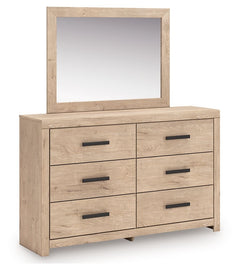 This dresser with mirror brings a touch of modern farmhouse charm to your home. Its light oak finish and clean lines have a fresh, airy feel, effortlessly creating an inviting atmosphere for a restful nightâ€™s sleep. Six spacious drawers with large black