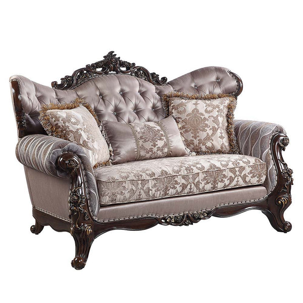 Enhance your formal living room with this elegant traditional 3-seater sofa. Part of the Wahkoowah collection, this sofa features an inner wooden frame that is sturdy. The outer wooden frame is finished with gold trimmings. Faux leather upholstery is used