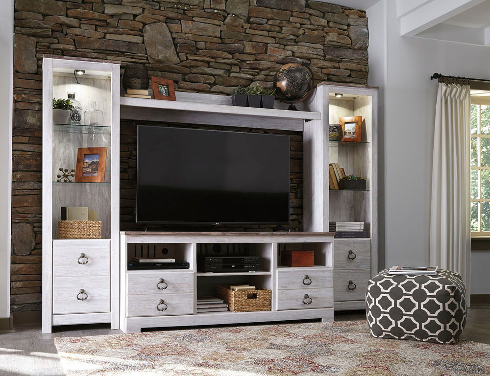 This entertainment center with fireplace option is the ultimate statement piece for your coastal cottage or shabby chic inspired retreat. Whitewashed finish is wonderfully easy on the eyes. Paired with the TV standâ€™s unique plank-style top, itâ€™s a dri