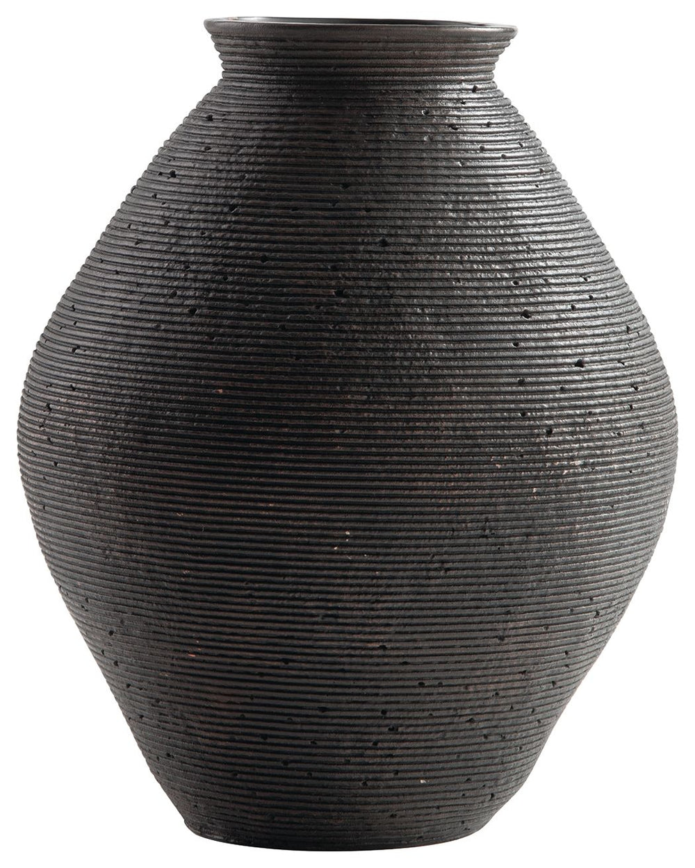 Ribbed textural rings give this vase a wonderful artisanal quality. An antiqued brown finish catches the eye, drawing attention to this elegantly earthy centerpiece.<br/><br/><b>Product Features</b><ul><li>Made of polyresin</li><li>Antiqued brown finish</