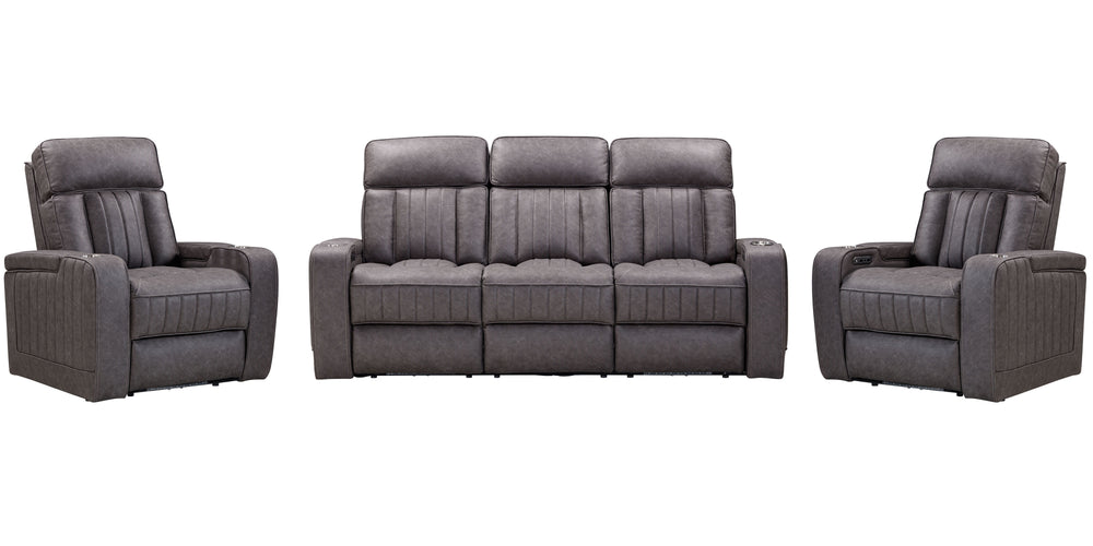 Spice up your movie nights with the Equinox Sofa Group. Consisting of the coordinating Equinox Power Sofa, Power Console Loveseat, and Power Recliner, each power seat also features armrest storage and independently operating power headrests for personaliz