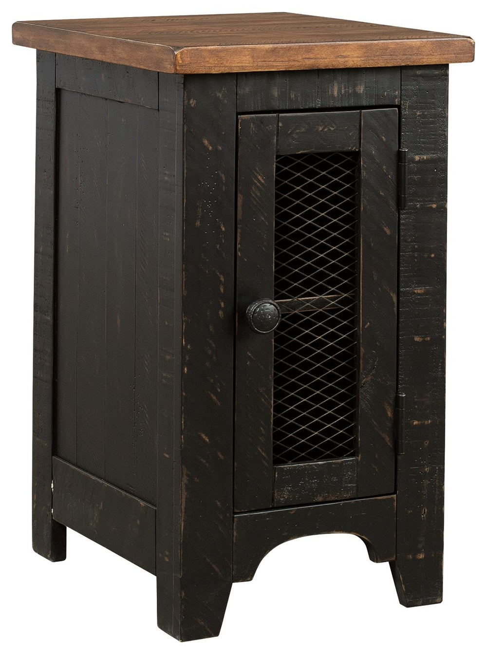To those with an eye for the best in rustic farmhouse living, this two-tone chairside end table doubles up on charm. Designer touches include plank-effect styling, distress marks and a wire mesh door front for added character.<br><br><b>Additional Dimensi