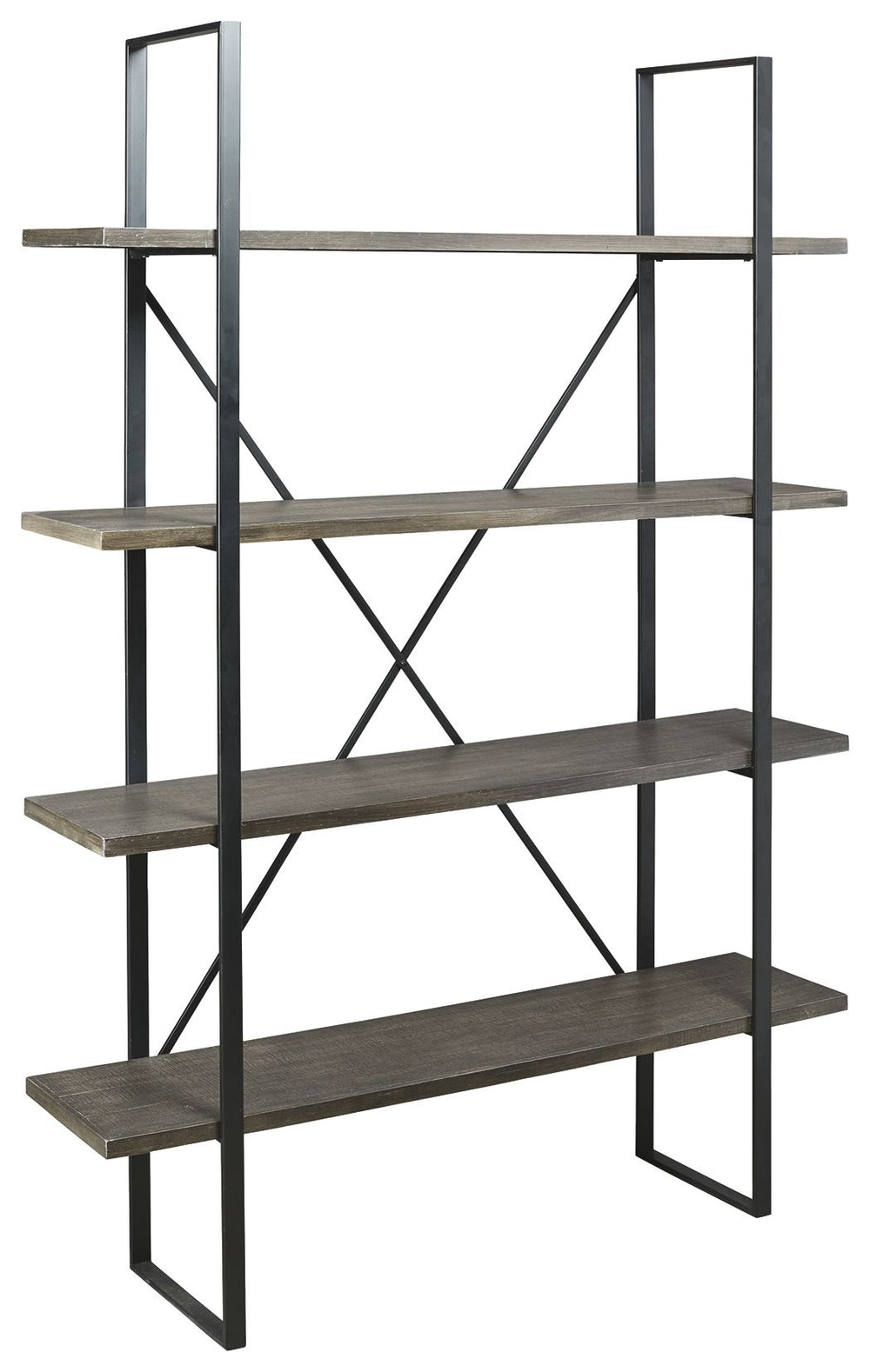 Got books? Bring them to this bookcase. Its industrial mix of dark wood and black metal brings trendsetting vibes to your home. Four sturdy shelves hold your belongings with ease. Mix in some metallic decor for a home office look you canâ€™t refuse.<br><b