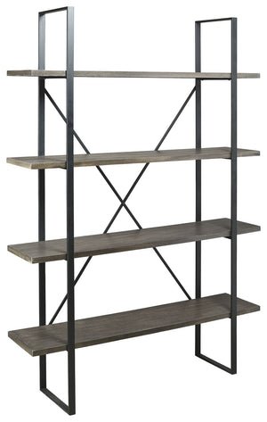 Got books? Bring them to this bookcase. Its industrial mix of dark wood and black metal brings trendsetting vibes to your home. Four sturdy shelves hold your belongings with ease. Mix in some metallic decor for a home office look you canâ€™t refuse.<br><b