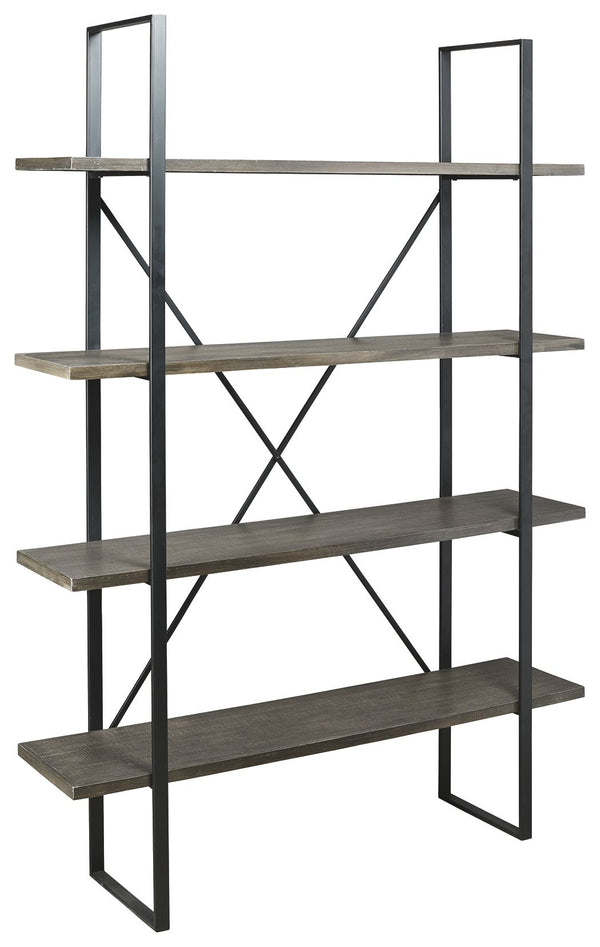 Got books? Bring them to this bookcase. Its industrial mix of dark wood and black metal brings trendsetting vibes to your home. Four sturdy shelves hold your belongings with ease. Mix in some metallic decor for a home office look you canâ€™t refuse.<br><b