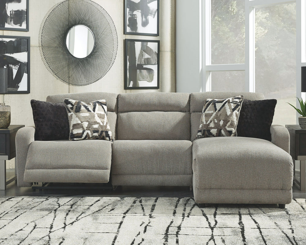Delightfully modern. Exceptionally comfortable. When it comes to modular furniture with easy-elegant appeal, itâ€™s hard to beat this power reclining sectional. Wrapped in a decadently plush stone-tone fabric for neutral versatility, this chic sectional i