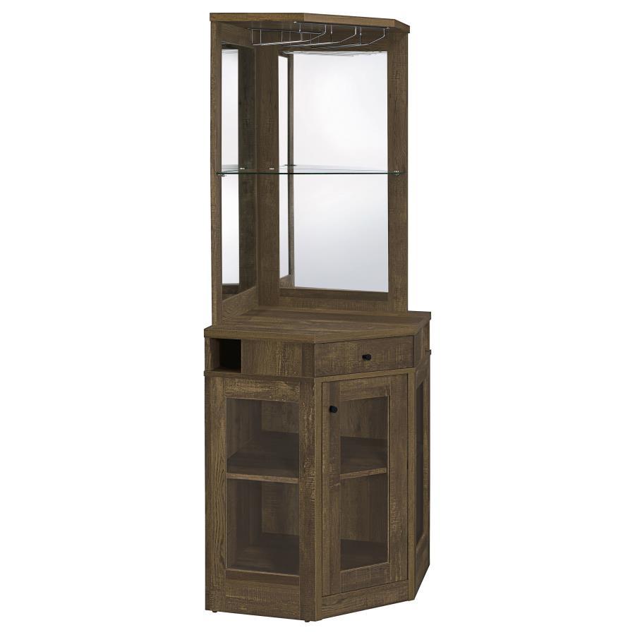 Place this corner bar cabinet in a modern farmhouse home to lend a charming country style. Constructed of durable, high pressure engineered veneer laminate, this cabinet comes in a rustic oak finish and features a mirrored back panel. Store your finest li