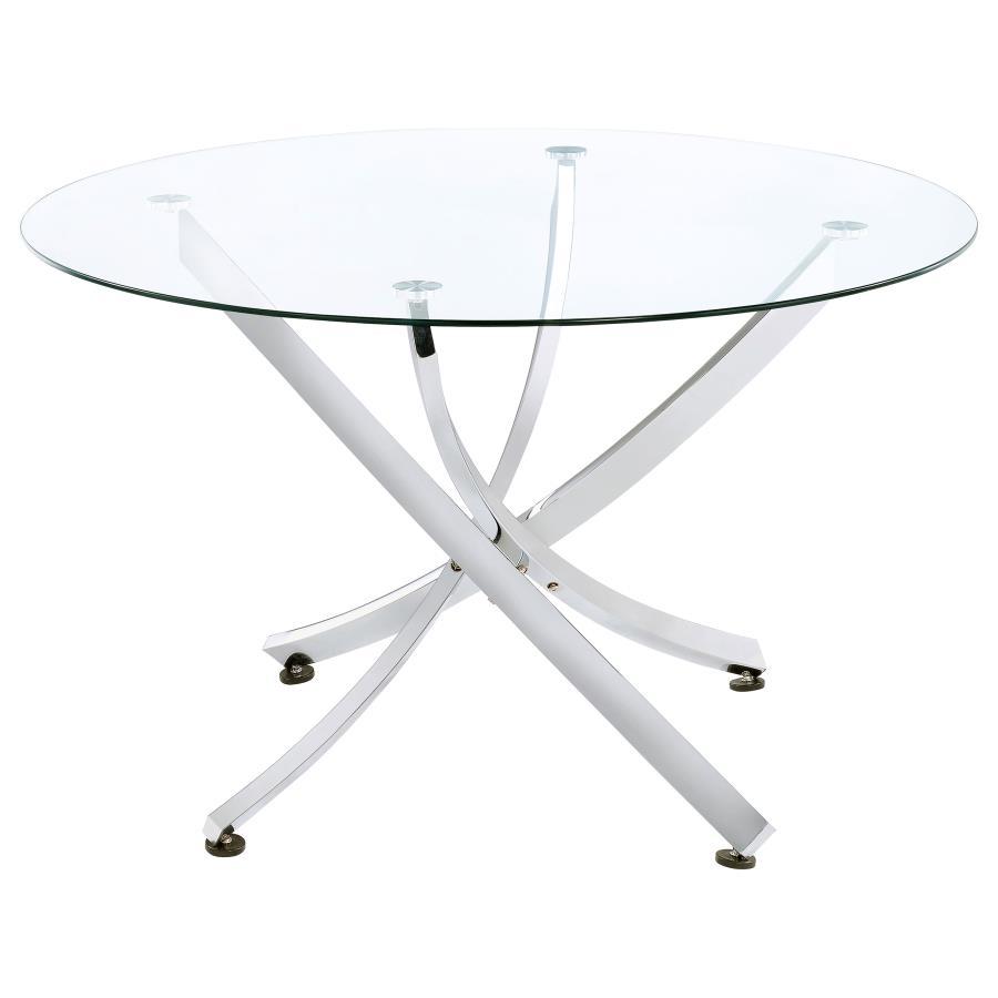 This round dining table offers a striking balance of clarity and form. A clear tempered glass top creates an airy presence, while the sculptural asterisk-style base adds dramatic visual interest. Crafted from heavy gauge metal, the base is electroplated i