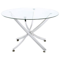 This round dining table offers a striking balance of clarity and form. A clear tempered glass top creates an airy presence, while the sculptural asterisk-style base adds dramatic visual interest. Crafted from heavy gauge metal, the base is electroplated i