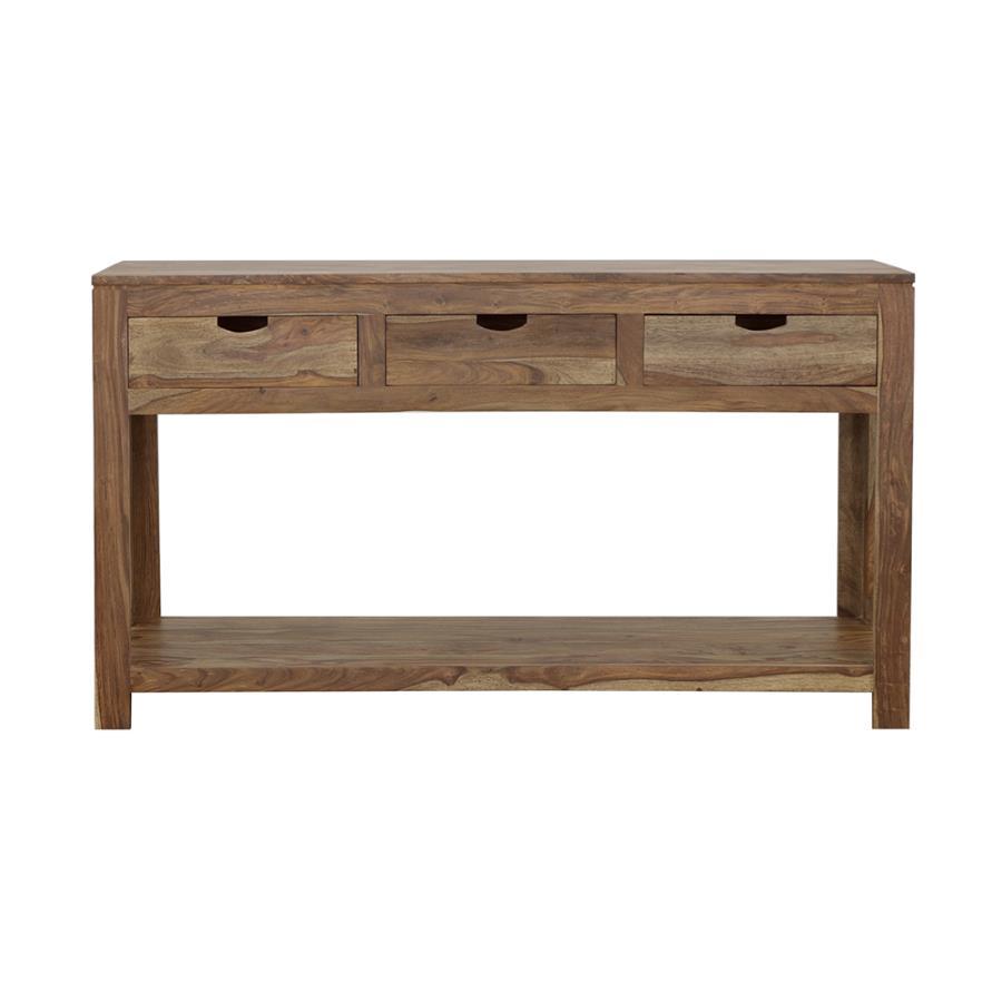 Elevate your space with the timeless beauty of this solid sheesham wood console table. Showcasing natural wood grain accents, this piece exudes rustic charm while offering practical storage. Three slide-out drawers with wooden glides provide easy access t