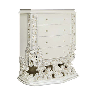 Bringing a modern approach to the classic ornate Rococo style, the Adara bed blends in contemporary touches with traditional design details. The PU adds a fresh approach to the intricately embellished bed. The antique white is embellished with light gold 