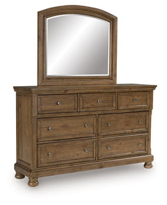 A relaxed take on casual traditional design, this dresser with mirror strikes a comfy pose with a classic sensibility. Its timeless design and chestnut brown wood tone create a welcoming retreat tailored to your laid-back lifestyle. Metal knobs in an aged