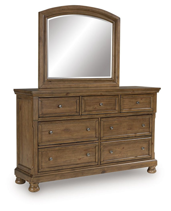 A relaxed take on casual traditional design, this dresser with mirror strikes a comfy pose with a classic sensibility. Its timeless design and chestnut brown wood tone create a welcoming retreat tailored to your laid-back lifestyle. Metal knobs in an aged