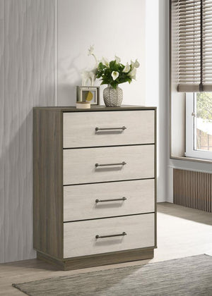  designed to offer ample storage space while adding a touch of contemporary style. The sleek two-tone melamine finish blends natural wood tones