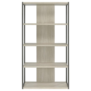  designed with four slim whitewashed grey shelves suspended by a bold grey finished frame. The back support and flush bottom shelf offers stability against area rugs 