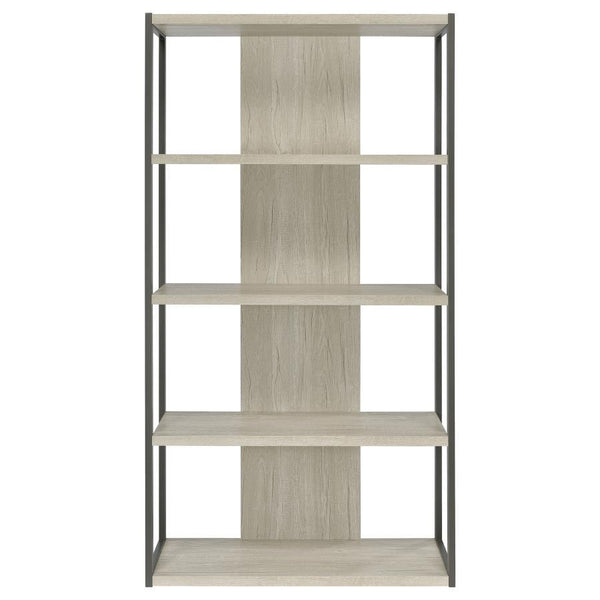  designed with four slim whitewashed grey shelves suspended by a bold grey finished frame. The back support and flush bottom shelf offers stability against area rugs 
