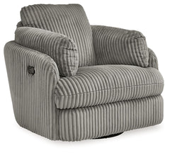 Like a warm hug, this recliner envelops you in comfort with its barrel shape and soft cord upholstery. It reclines, glides, and swivels to cater to your every need. This chair also features posh bolster pillows and cleverly designed storage. Unwind and cu