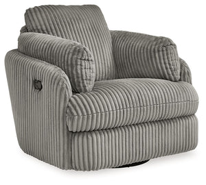 Like a warm hug, this recliner envelops you in comfort with its barrel shape and soft cord upholstery. It reclines, glides, and swivels to cater to your every need. This chair also features posh bolster pillows and cleverly designed storage. Unwind and cu
