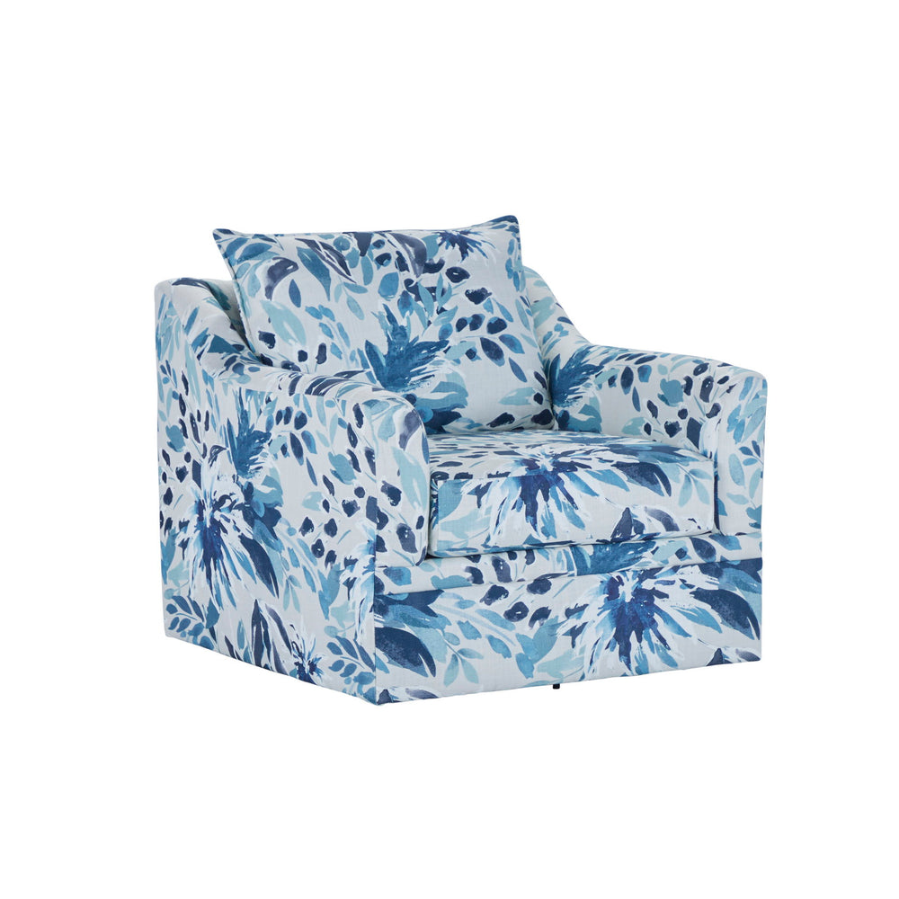 The Sylvie Swivel Armchair blends casual charm with elegant floral print upholstery. Flared arms, plush 1.9 density cushions, and a cozy pillow back offer comfort and support. A swivel base adds easy movement. Built to last in the USA with durable wood fr