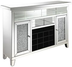Create a breathtaking focal wall for your dining space with this stunning modern glam wine cabinet. Spacious and sparkling, this wonderful wine cabinet boasts glamorous elements like mirror tile and trim and a faux diamond inlay for a luxurious look and f