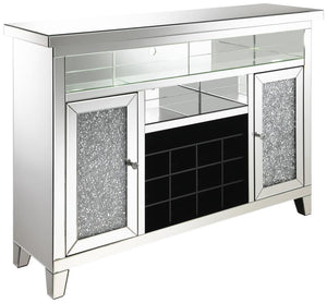 Create a breathtaking focal wall for your dining space with this stunning modern glam wine cabinet. Spacious and sparkling, this wonderful wine cabinet boasts glamorous elements like mirror tile and trim and a faux diamond inlay for a luxurious look and f