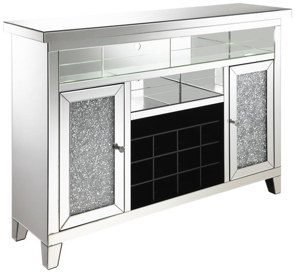 Create a breathtaking focal wall for your dining space with this stunning modern glam wine cabinet. Spacious and sparkling, this wonderful wine cabinet boasts glamorous elements like mirror tile and trim and a faux diamond inlay for a luxurious look and f