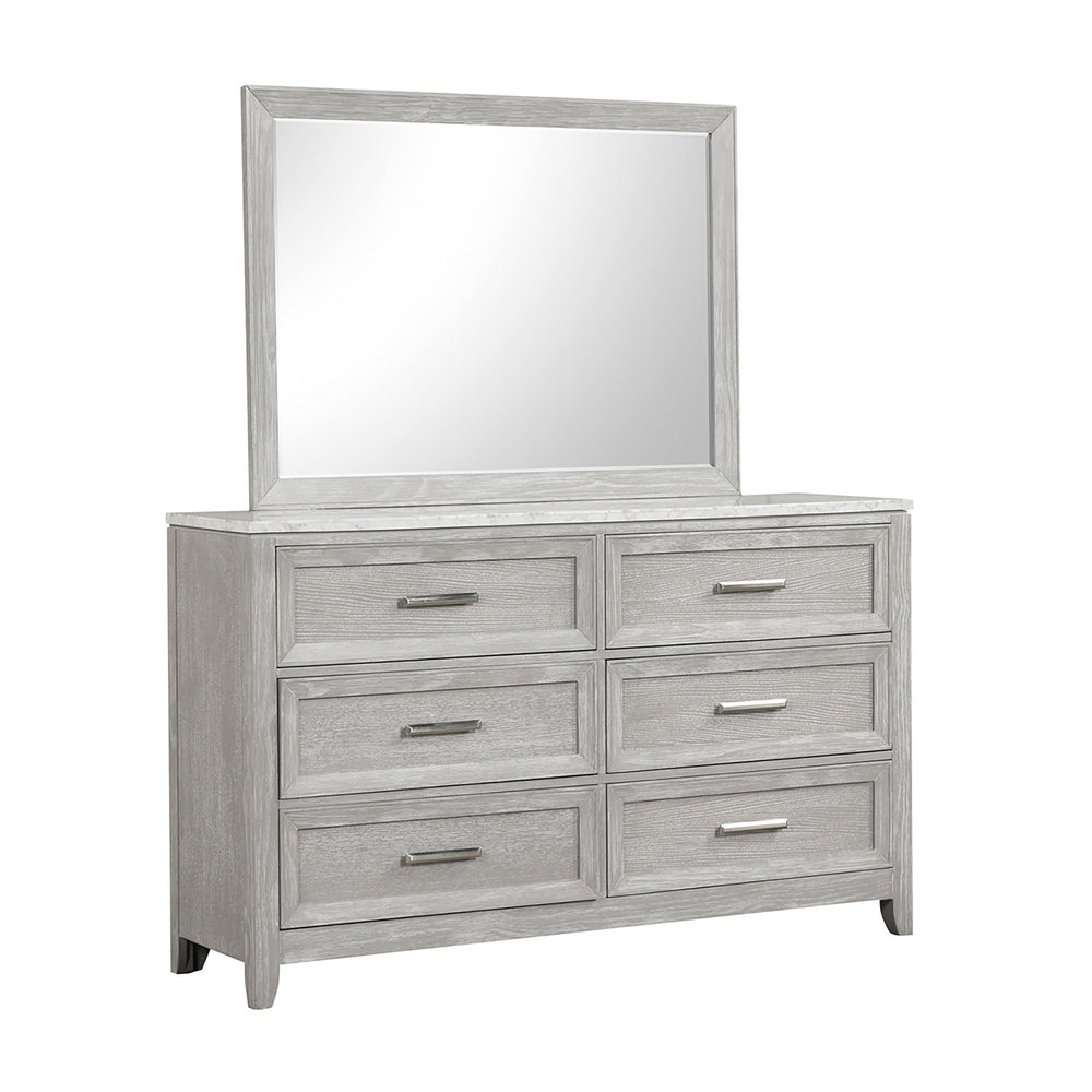 The Fiona Mirror is constructed from solid Acacia, manufactured woods, and oak veneer promising both aesthetic appeal and enduring quality. The natural wood grain is accentuated through a meticulous multi-step finish, culminating in a light, mist gray hue