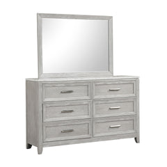 The Fiona Mirror is constructed from solid Acacia, manufactured woods, and oak veneer promising both aesthetic appeal and enduring quality. The natural wood grain is accentuated through a meticulous multi-step finish, culminating in a light, mist gray hue