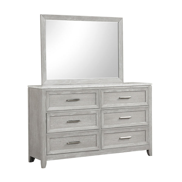 The Fiona Mirror is constructed from solid Acacia, manufactured woods, and oak veneer promising both aesthetic appeal and enduring quality. The natural wood grain is accentuated through a meticulous multi-step finish, culminating in a light, mist gray hue