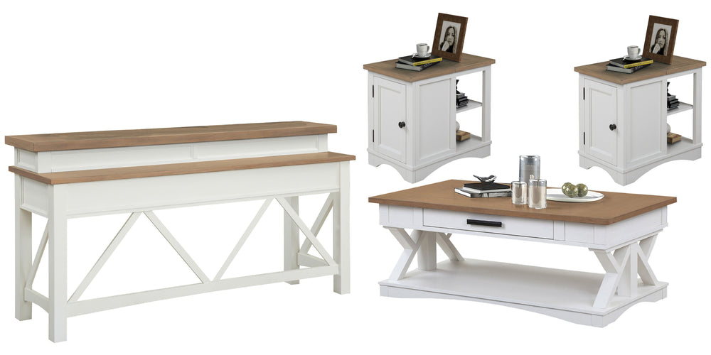 Destined to be the heart of any conversation area, the Americana Modern Cocktail Table is a must-have. Crafted in a soft Cotton white finish, it features a contrasting wood-grain top in Weathered Natural. A lower open area is perfect for storage and displ