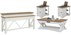 Destined to be the heart of any conversation area, the Americana Modern Cocktail Table is a must-have. Crafted in a soft Cotton white finish, it features a contrasting wood-grain top in Weathered Natural. A lower open area is perfect for storage and displ