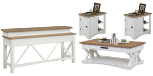 Destined to be the heart of any conversation area, the Americana Modern Cocktail Table is a must-have. Crafted in a soft Cotton white finish, it features a contrasting wood-grain top in Weathered Natural. A lower open area is perfect for storage and displ