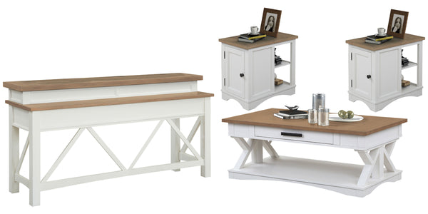 Destined to be the heart of any conversation area, the Americana Modern Cocktail Table is a must-have. Crafted in a soft Cotton white finish, it features a contrasting wood-grain top in Weathered Natural. A lower open area is perfect for storage and displ