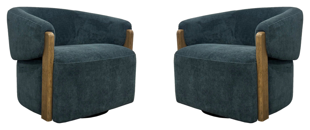 The stylish and comfortable Tatum accent chair features a 360-degree swivel for easy movement and a charcoal-finish wood surround base for a modern look. The cozy club chair design with shelter arms contains an integrated seat cushion, providing a relaxin