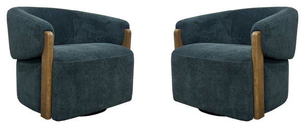 The stylish and comfortable Tatum accent chair features a 360-degree swivel for easy movement and a charcoal-finish wood surround base for a modern look. The cozy club chair design with shelter arms contains an integrated seat cushion, providing a relaxin