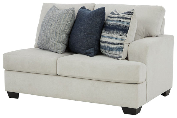 This right-arm facing loveseat is made with polyester upholstery. Pairs with other items in the series to make a sectional.<br><br><b>Additional Dimensions</b><br><ul><li>Arm height: 26-"</li><li>Seat depth: 21-"</li><li>Seat height: 21-"</li><li>Top of c