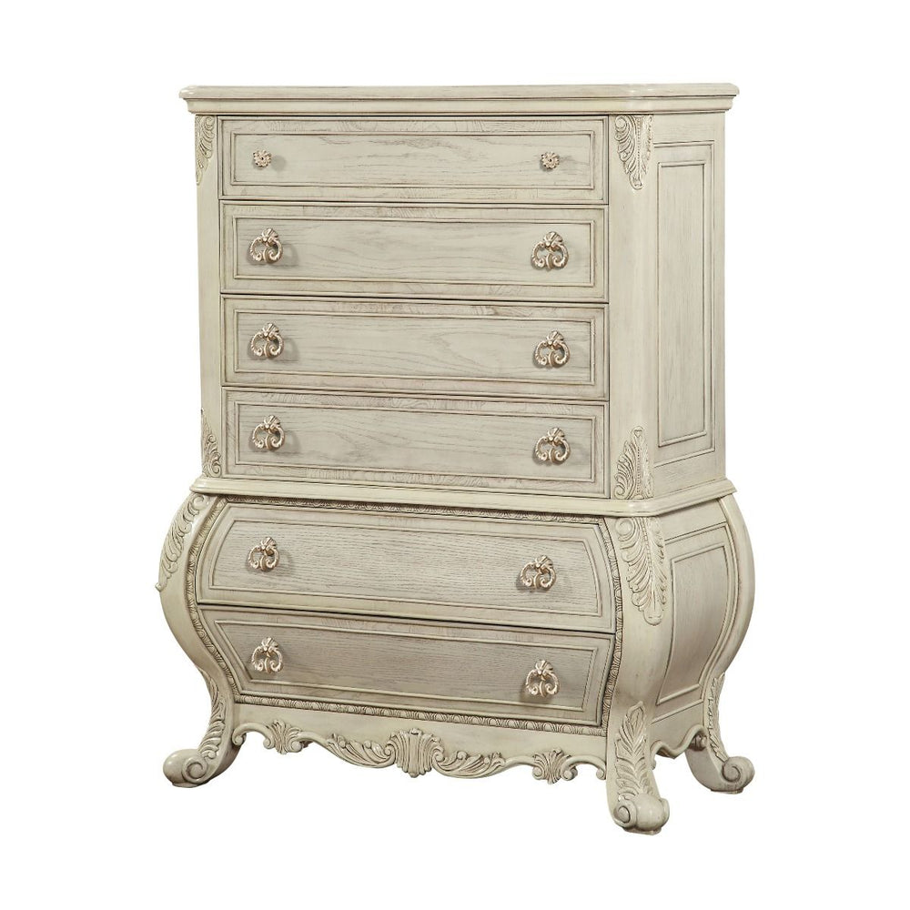 The Ragenardus chest is an impeccable example of truly memorable luxurious traditional design. This three-drawer antique white chest features a detailed French style front and English back in a stunning Bombay shape case, Felt-Lined top drawer, side metal