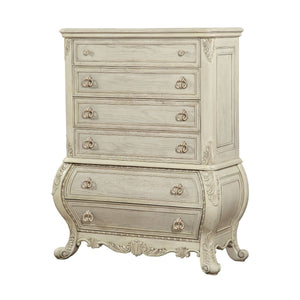 The Ragenardus chest is an impeccable example of truly memorable luxurious traditional design. This three-drawer antique white chest features a detailed French style front and English back in a stunning Bombay shape case, Felt-Lined top drawer, side metal