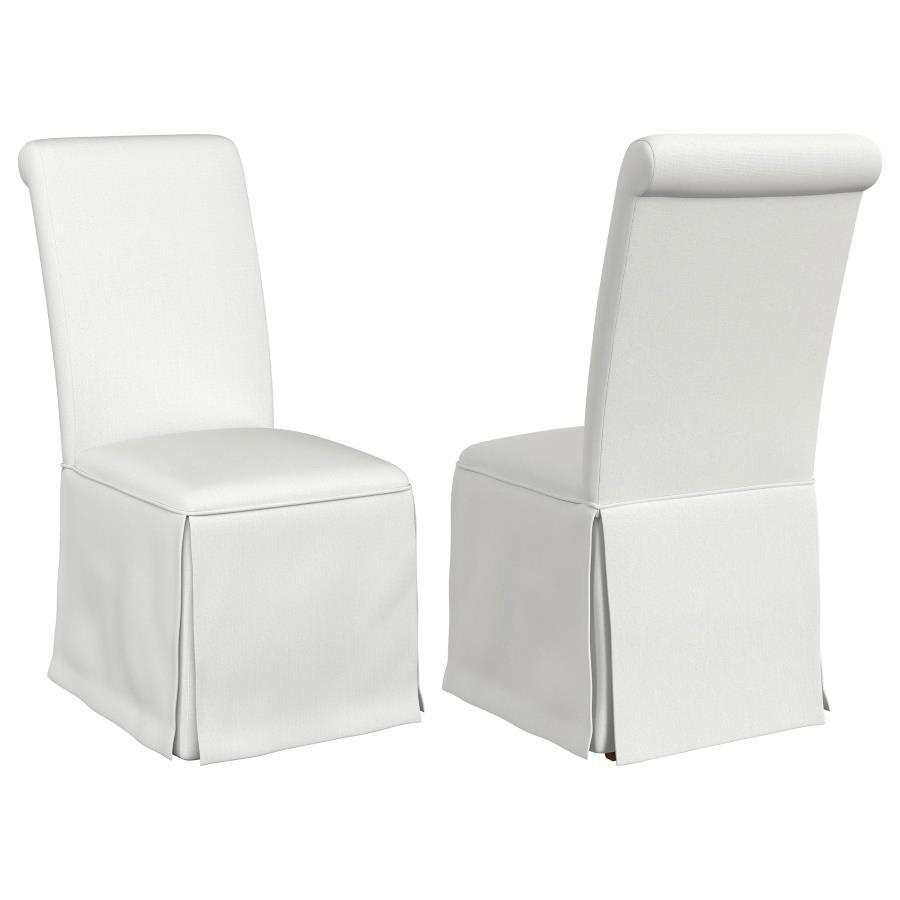 Put a stylish, somewhat formal spin on your dining room decor with a set of two classic parson chairs. Each features a tall back with an armless profile for impeccable comfort and elegance. The chair features plush foam padding, complete with neutral upho