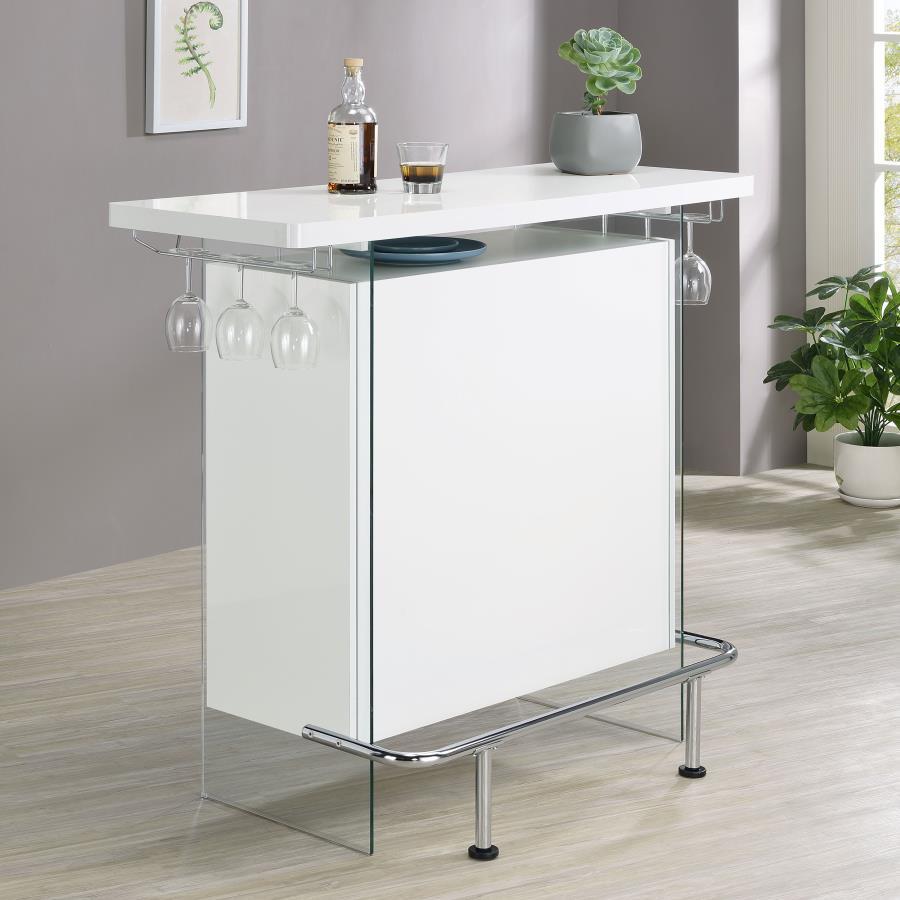 Elevate a multipurpose living room with this modern bar unit. A neutral finish, accented with polished chrome metal accents offers a striking design contrast. Supported and flanked by clear tempered glass side panels, this bar unit boasts ultra-modern ele