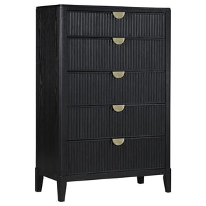 Add abundant clothing and accessory storage in a stylish bedroom with this modern five-drawer chest. Its compact profile fits virtually anywhere, while a chic look is created with fluted drawer fronts that add impressive dimensionality. A black finish imp